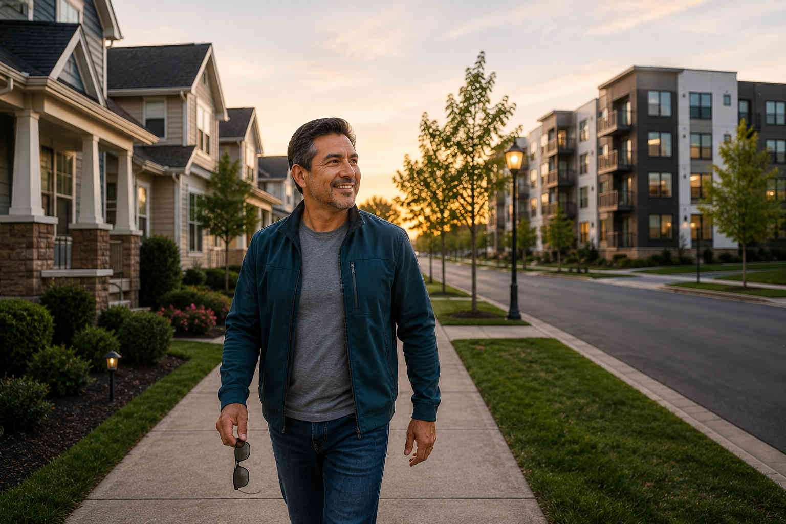 Man walking between a neighborhood of houses and an apartment complex after weighing his rent-or-buy options
