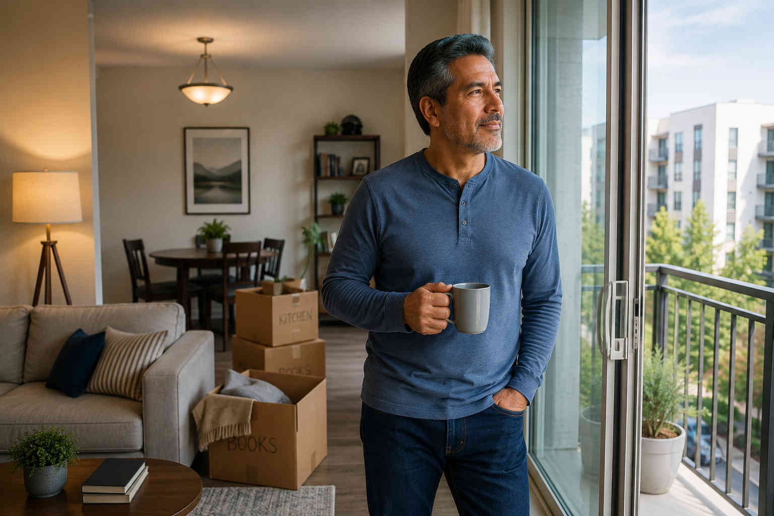 Divorced man relaxing in a comfortable rental apartment with a few unpacked moving boxes