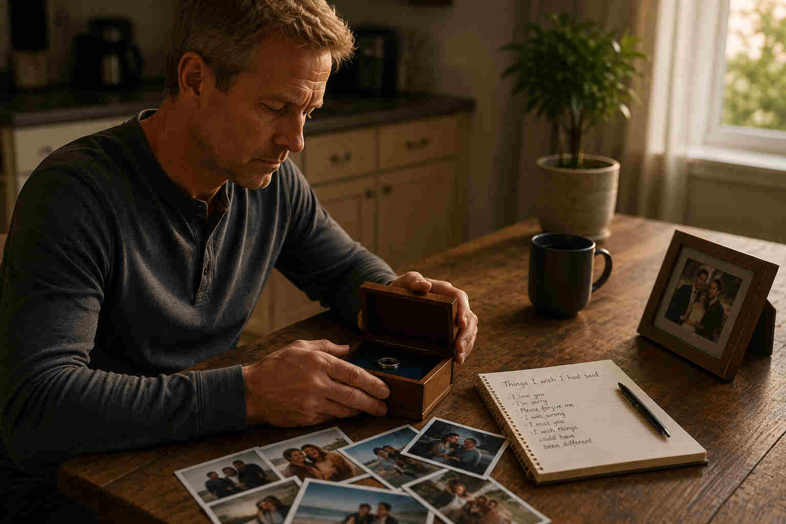 Divorced man looking at a wedding ring, family photographs, and notes about things he wishes he had said