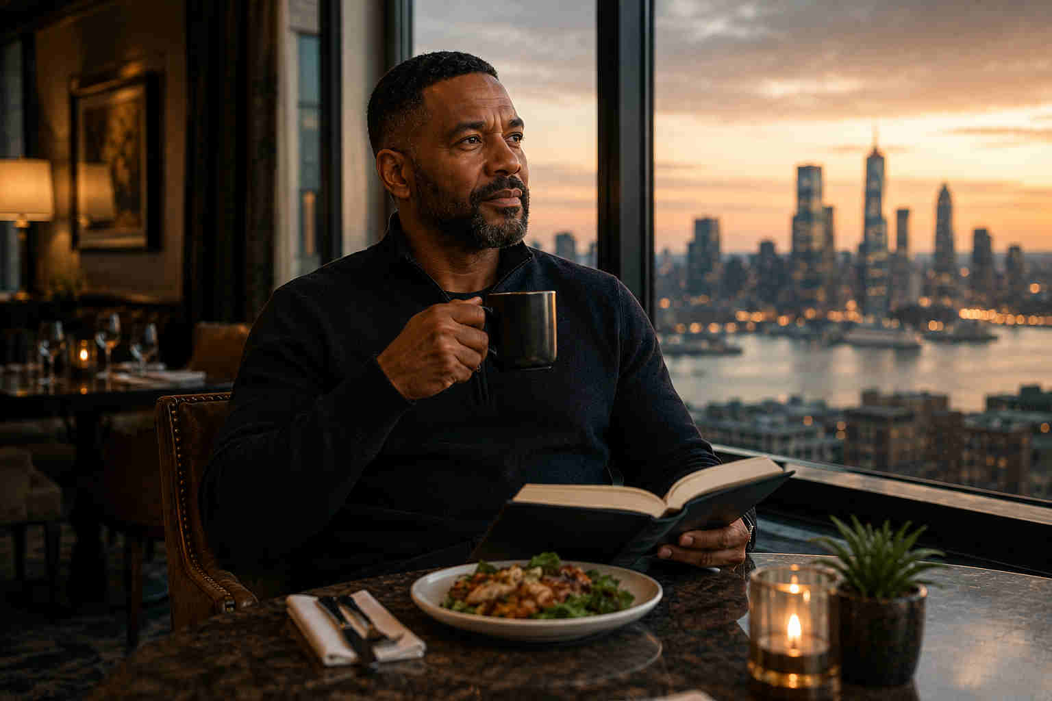 Divorced man enjoying a peaceful dinner alone while building confidence and independence