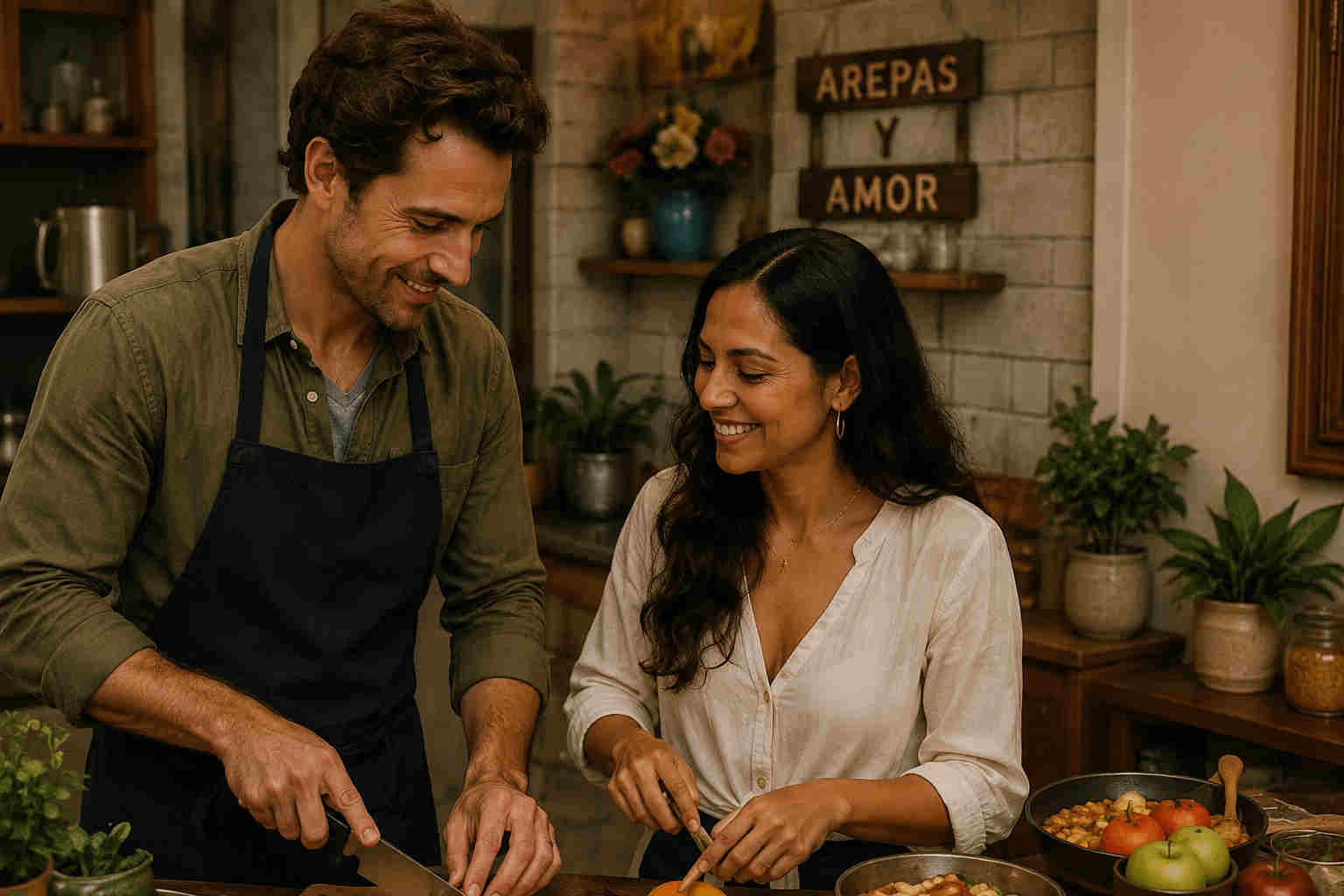 A couple cooks together in a Colombian-inspired kitchen, showing respect through participation and everyday actions