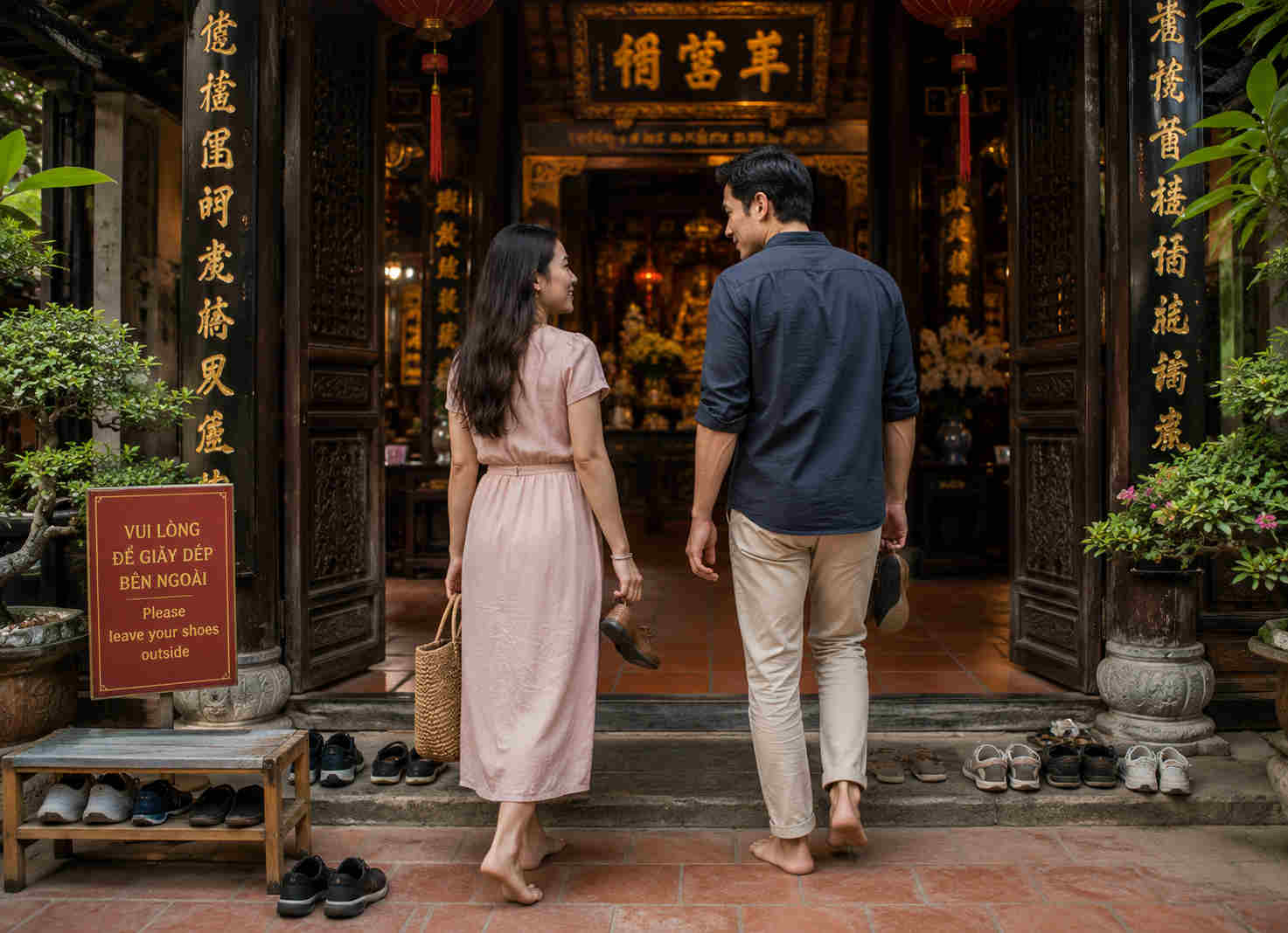 Couple respectfully entering a traditional Vietnamese Buddhist temple after removing shoes
