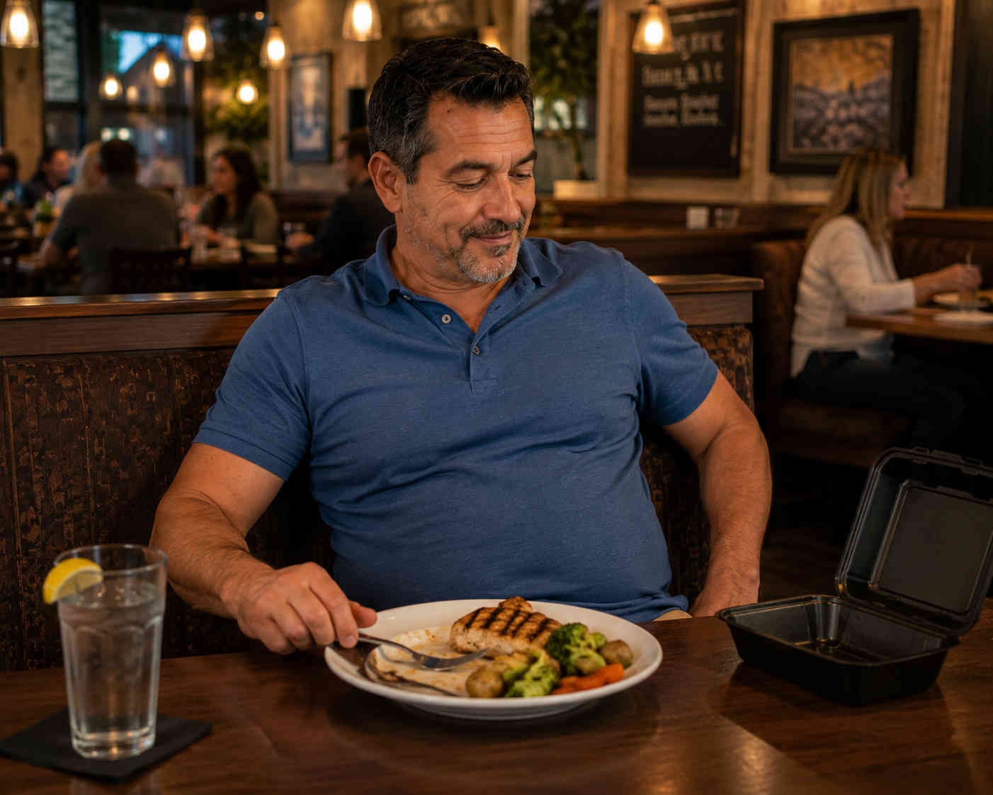 Middle-aged man pausing halfway through a restaurant meal with a take-home container ready beside him