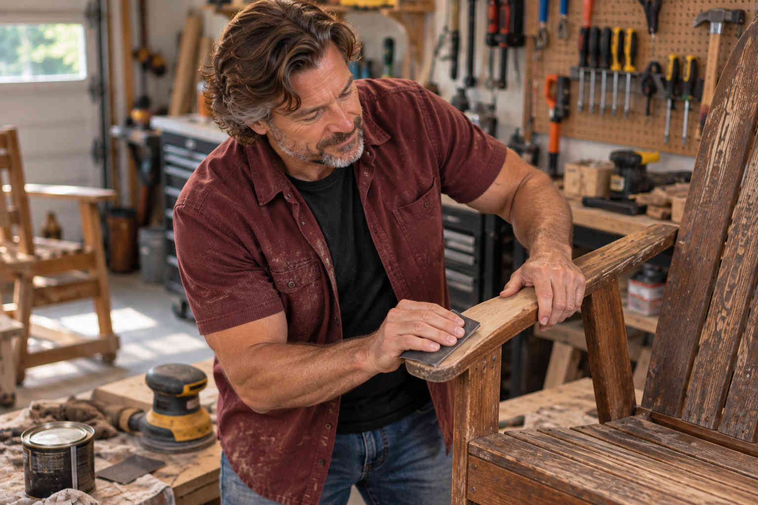 Man restoring a wooden chair in his workshop after divorce