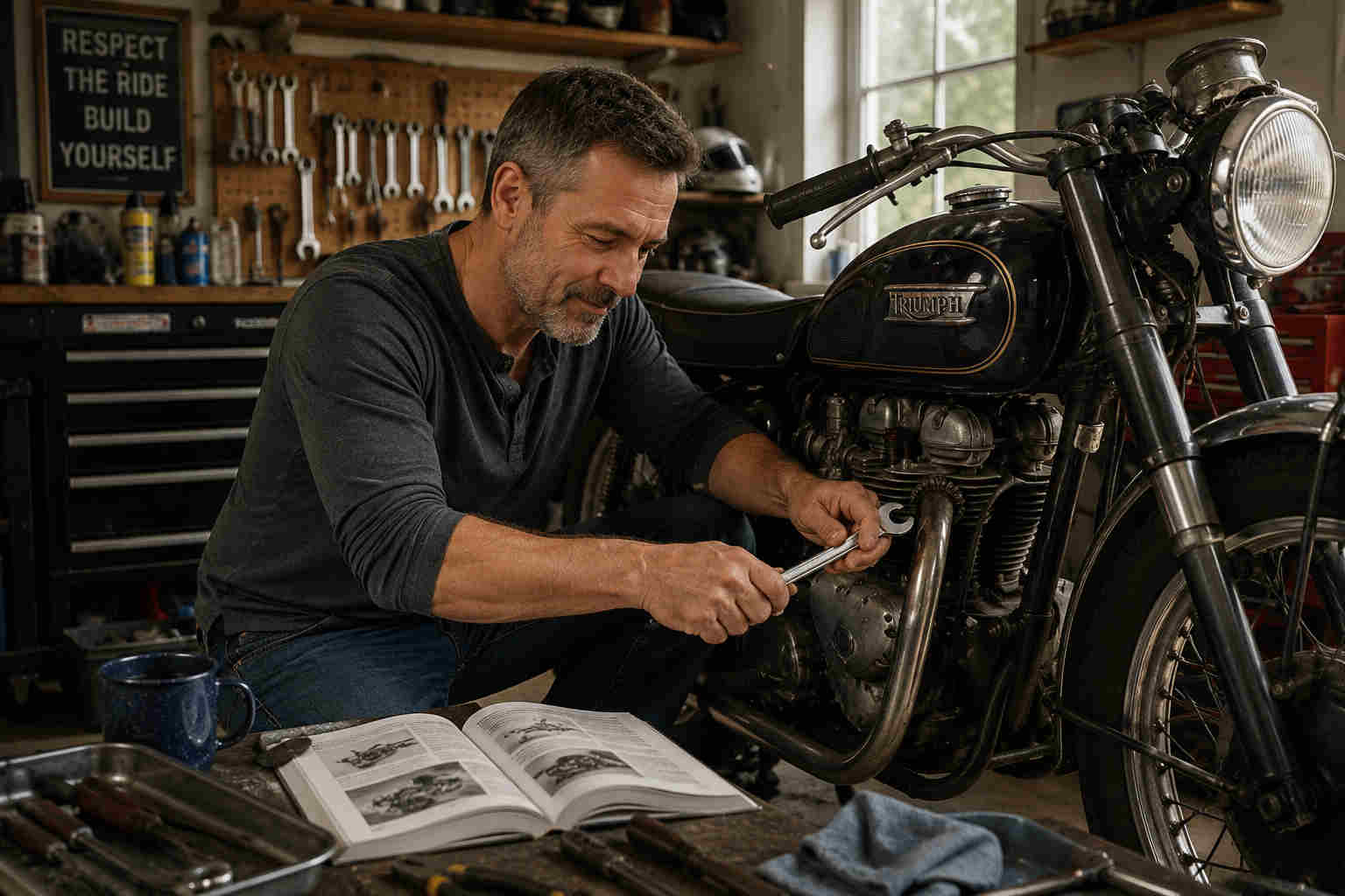 Middle-aged man restoring a vintage motorcycle to build confidence through competence after divorce