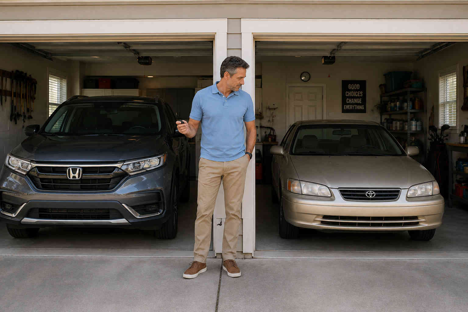 Divorced man comparing a newer SUV with an older dependable sedan while reconsidering expensive lifestyle choices