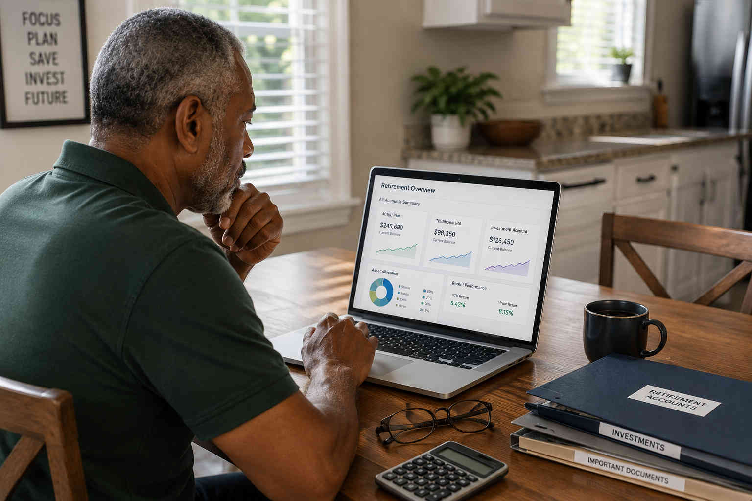 Older divorced man reviewing his 401(k), IRA, and investment accounts on a laptop at his kitchen table