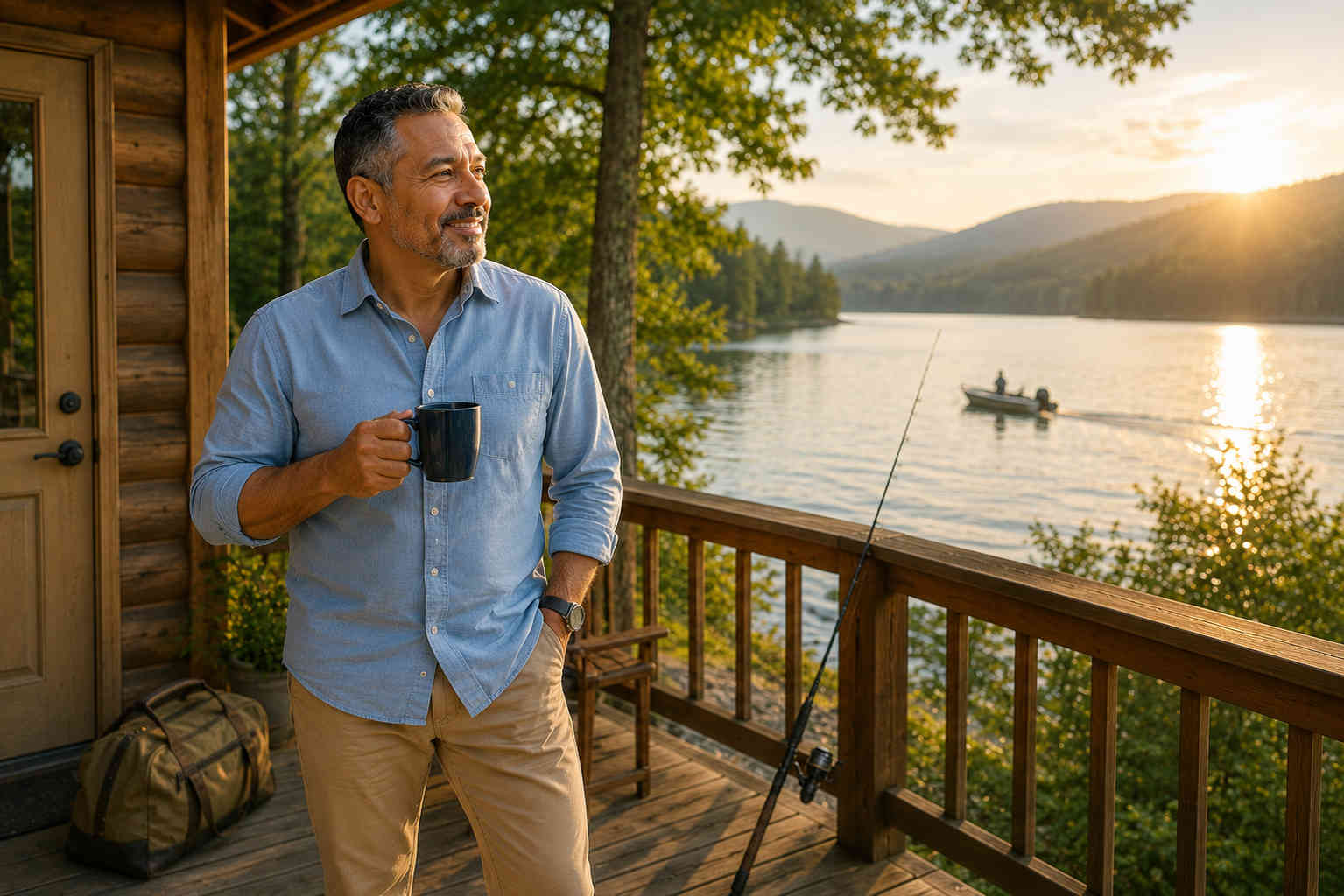 Older man enjoying a peaceful lakeside cabin morning as a symbol of retirement freedom after divorce