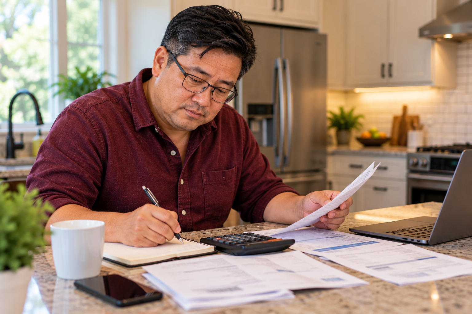 Man reviewing his finances at a table before deciding whether he is ready to invest