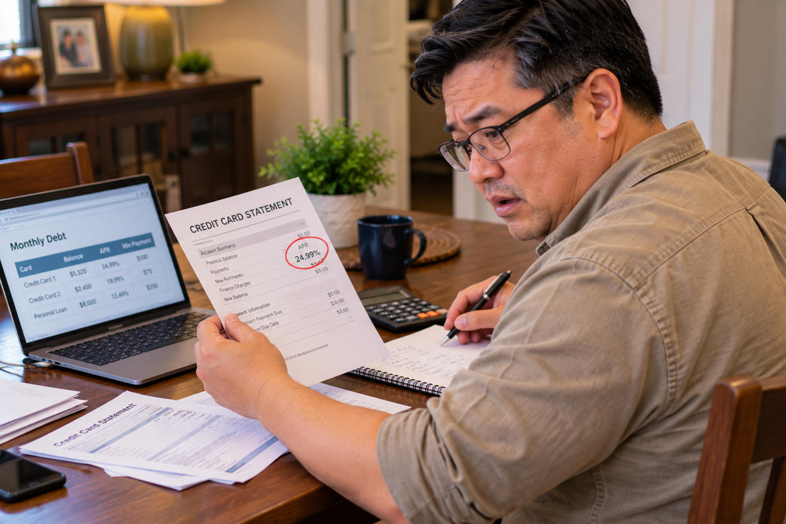 Man reviewing a high-interest credit card statement and monthly debt figures
