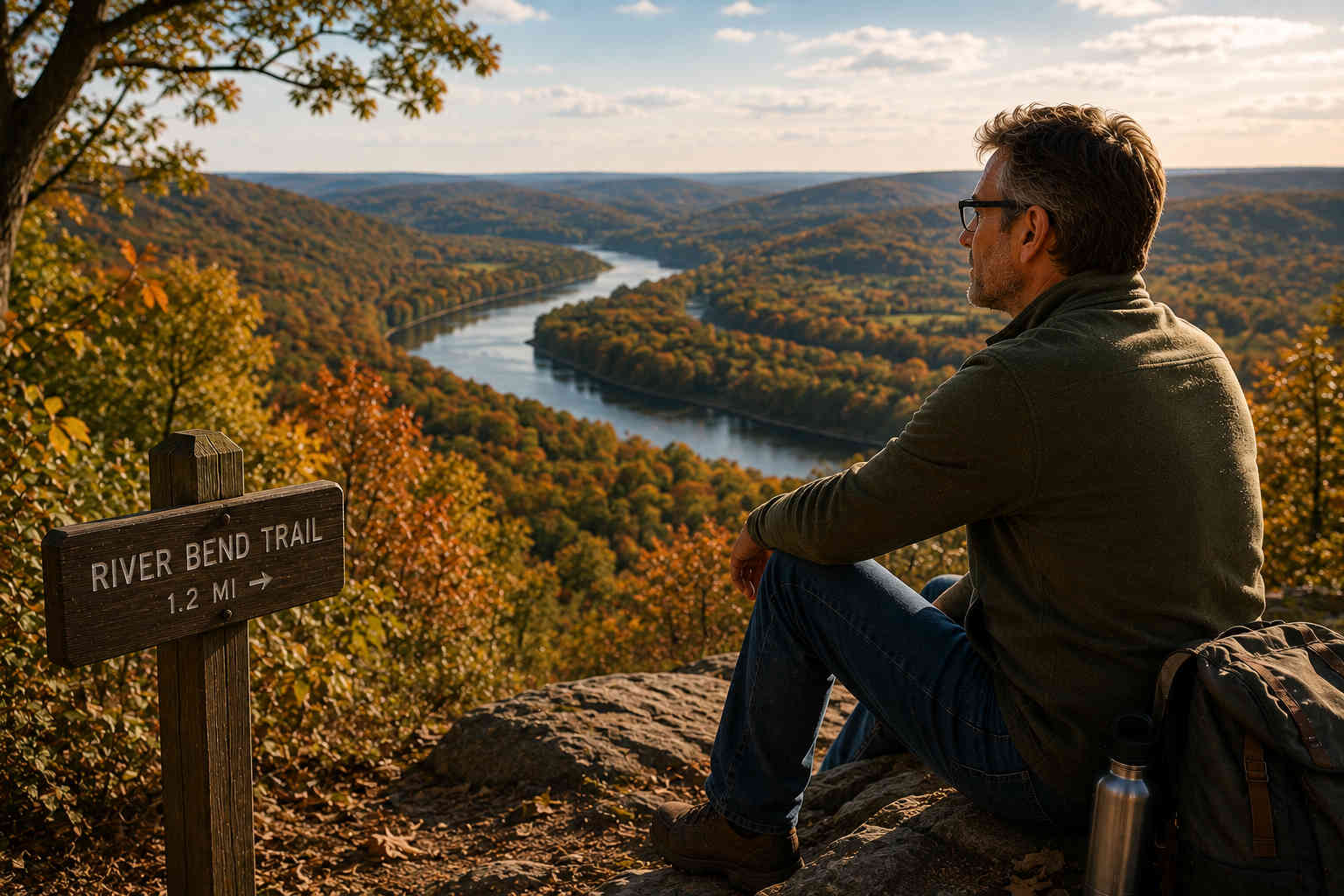 Man resting at River Bend Trail overlook above a winding river surrounded by autumn forest