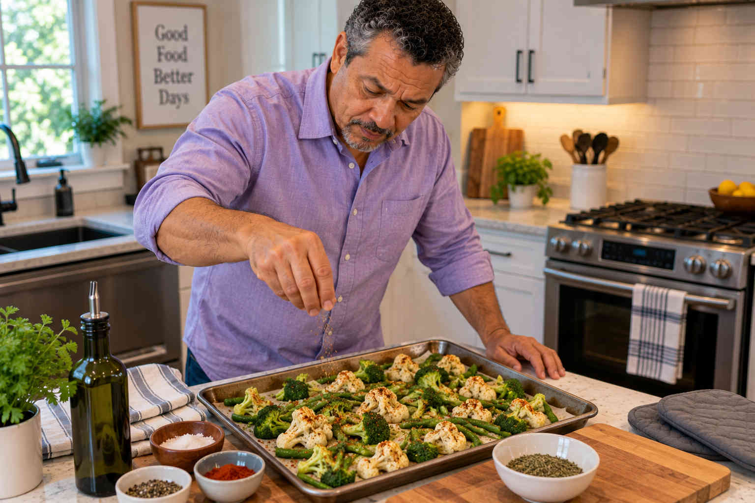 Man seasoning broccoli, cauliflower, and green beans on a sheet pan before roasting