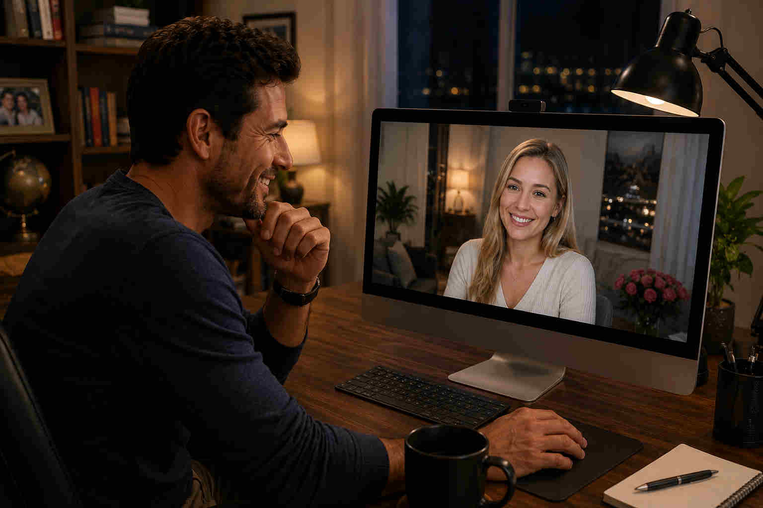 Man smiling during an evening desktop video call with a blonde woman