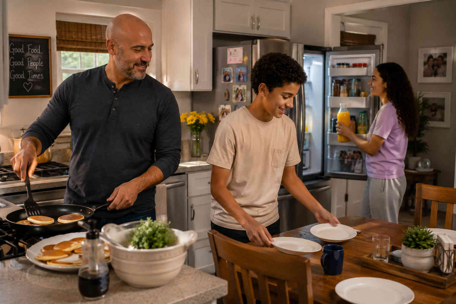 Father cooking pancakes while his son sets plates on the table and his teenage daughter gets orange juice from the refrigerator