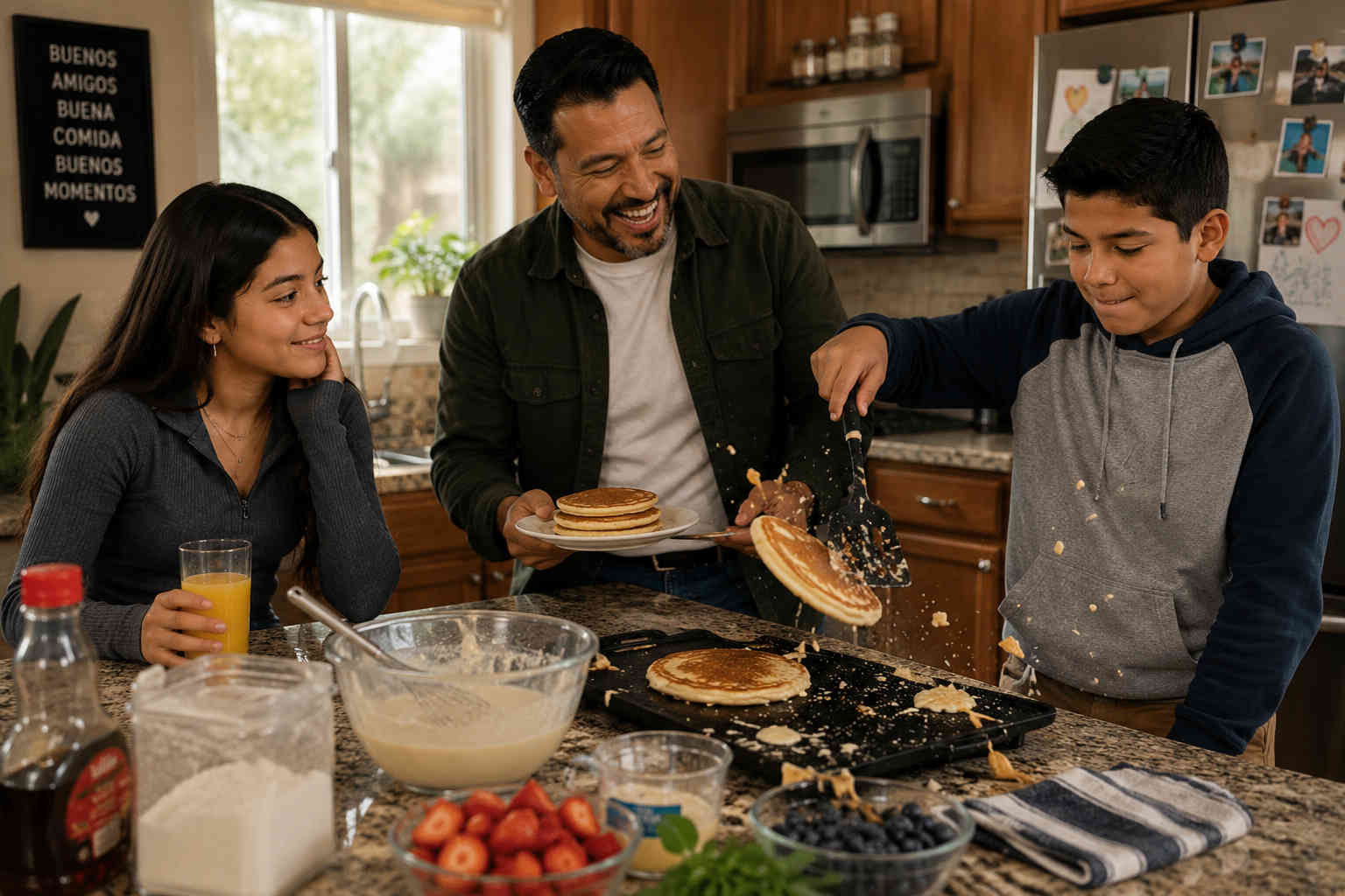 Father laughing with his teenage daughter and son while making pancakes together on a Saturday morning