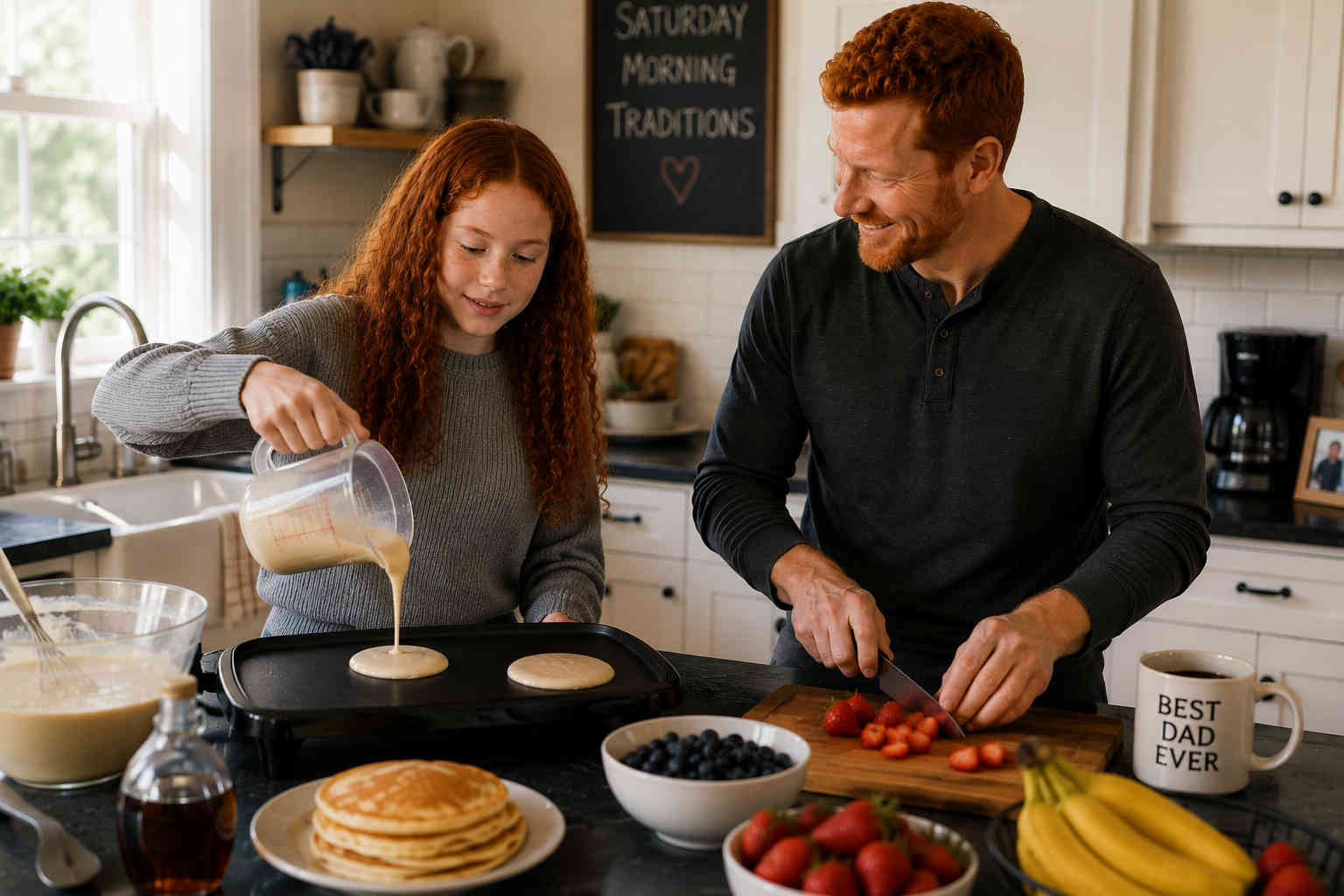 Red-haired divorced father making Saturday morning pancakes with his red-haired daughter during one-on-one time