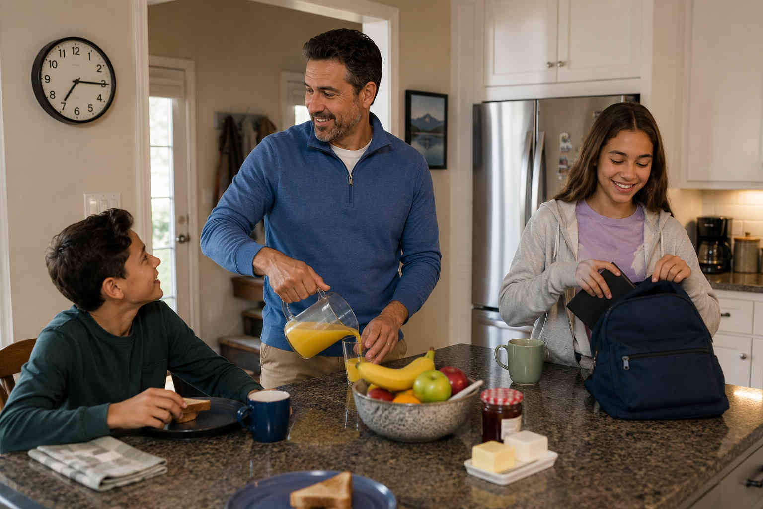 Father preparing breakfast with his son and daughter during a normal school morning at his home