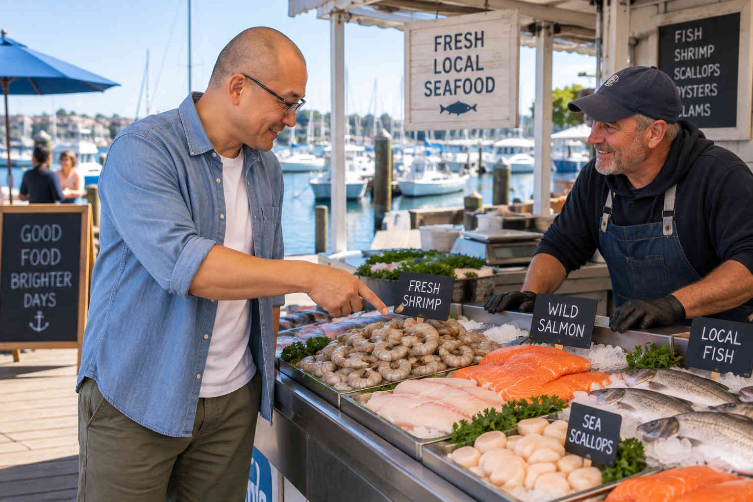 Man choosing fresh shrimp and fish from a seafood market beside a marina