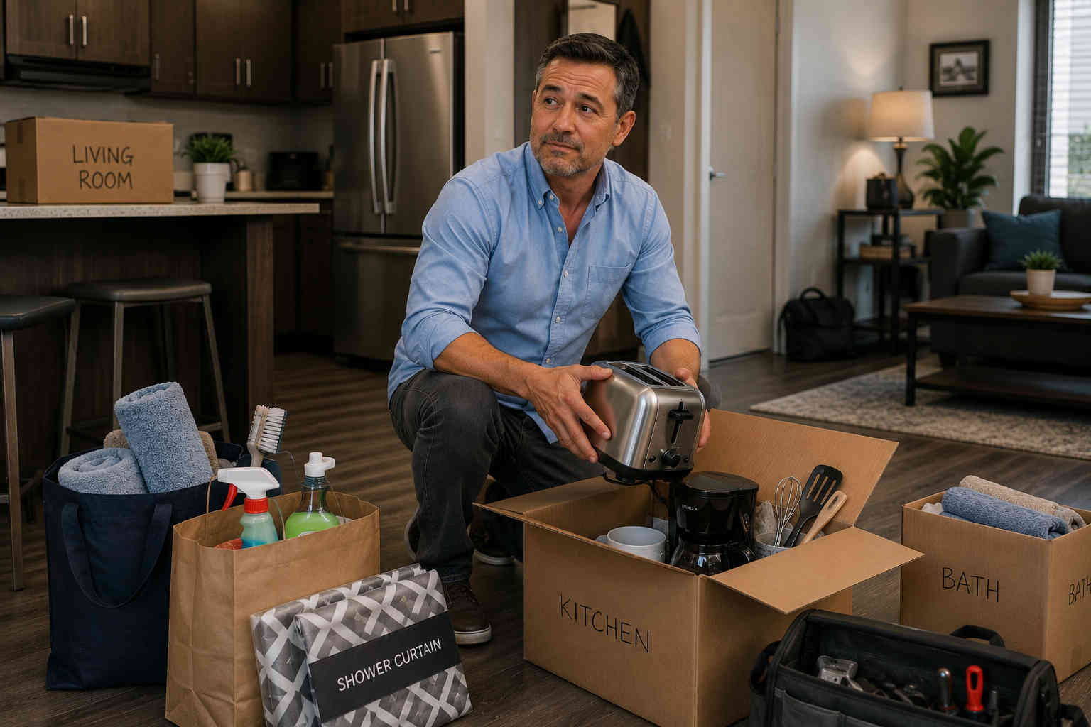 Divorced man unpacking kitchen and household essentials in a new home after setting up a second household