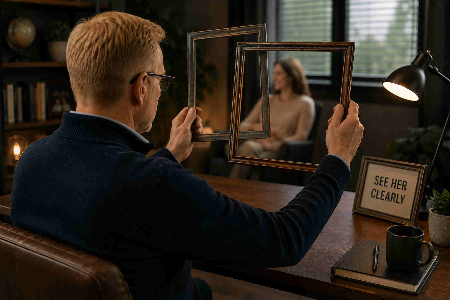 Blond divorced man looking through picture frames to see a new woman more clearly