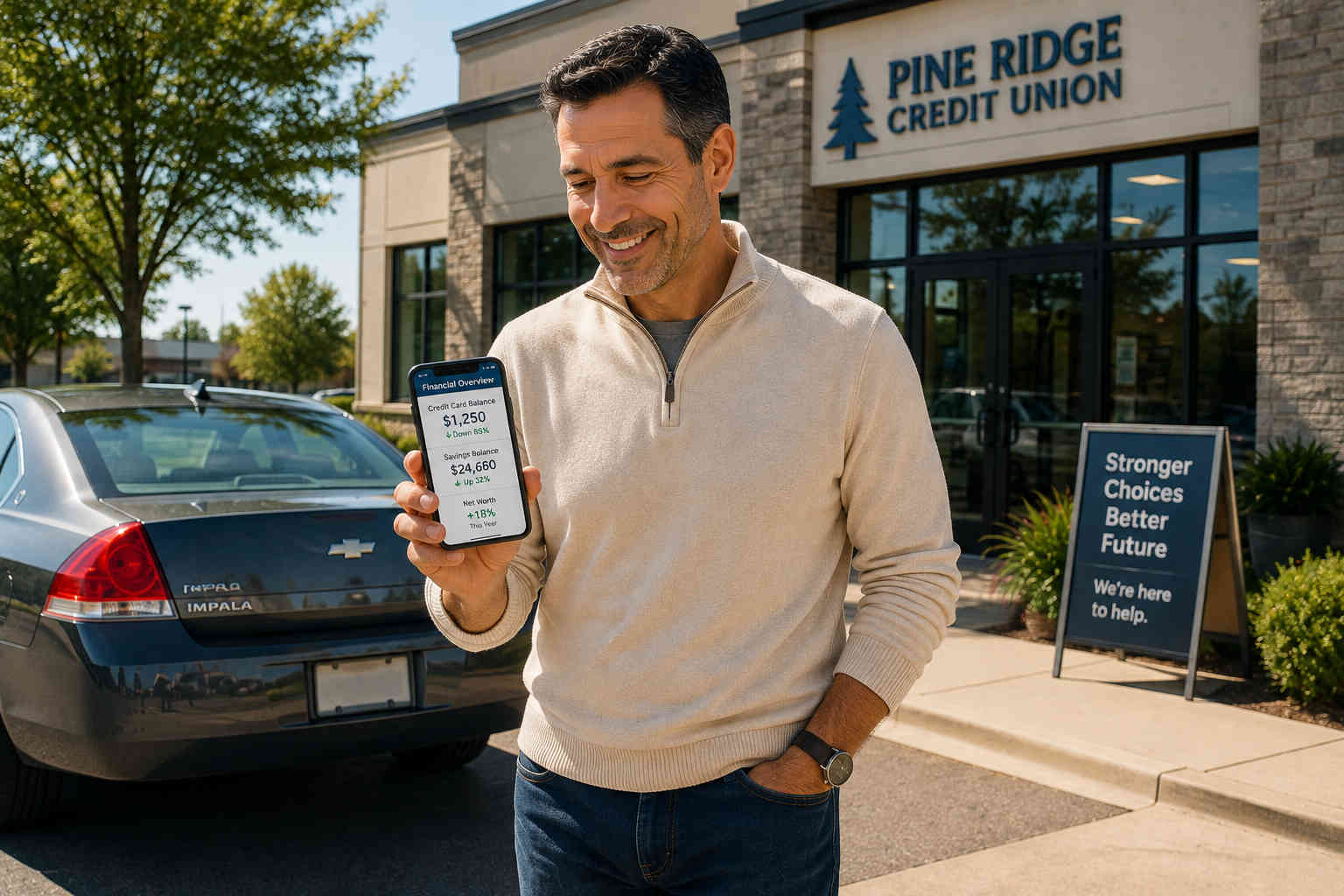 Smiling divorced man checking a financial progress screen showing lower credit card debt and higher savings