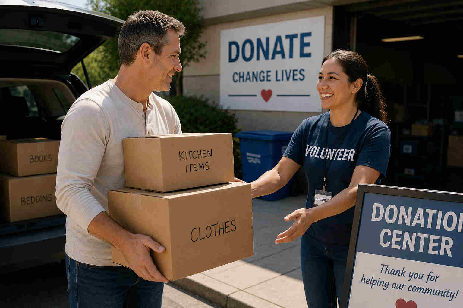 Divorced man donating boxes of old household belongings while a charity volunteer helps him unload