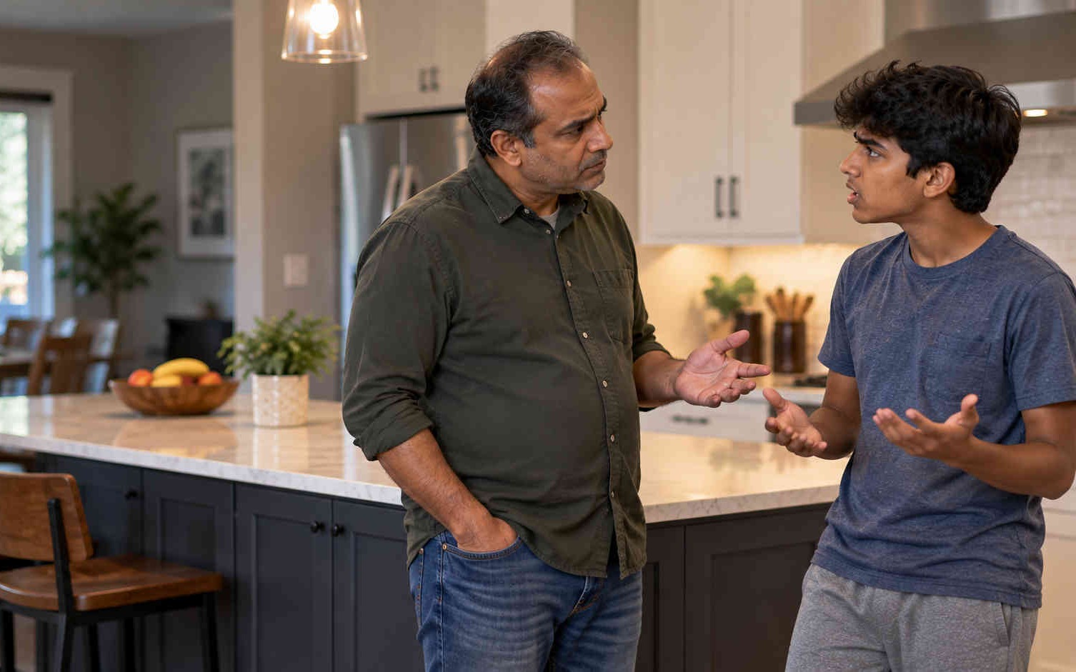 A father calmly talks with his teenage son during a tense conversation at home, representing healthy boundaries when a child talks back