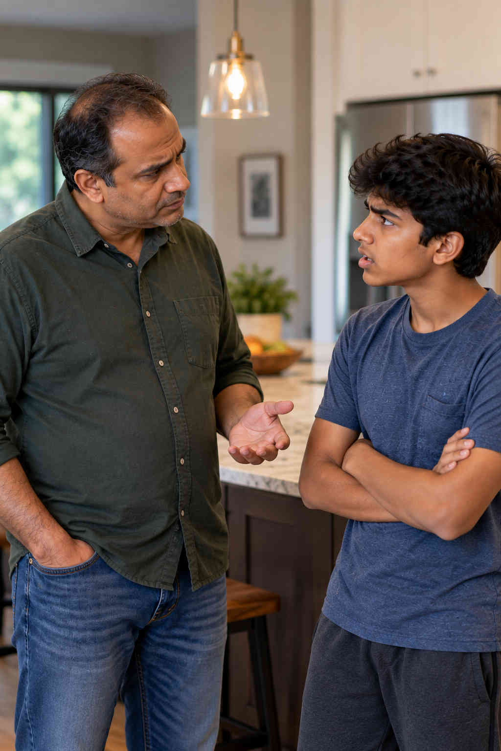 Indian American father talking with his teenage son at home