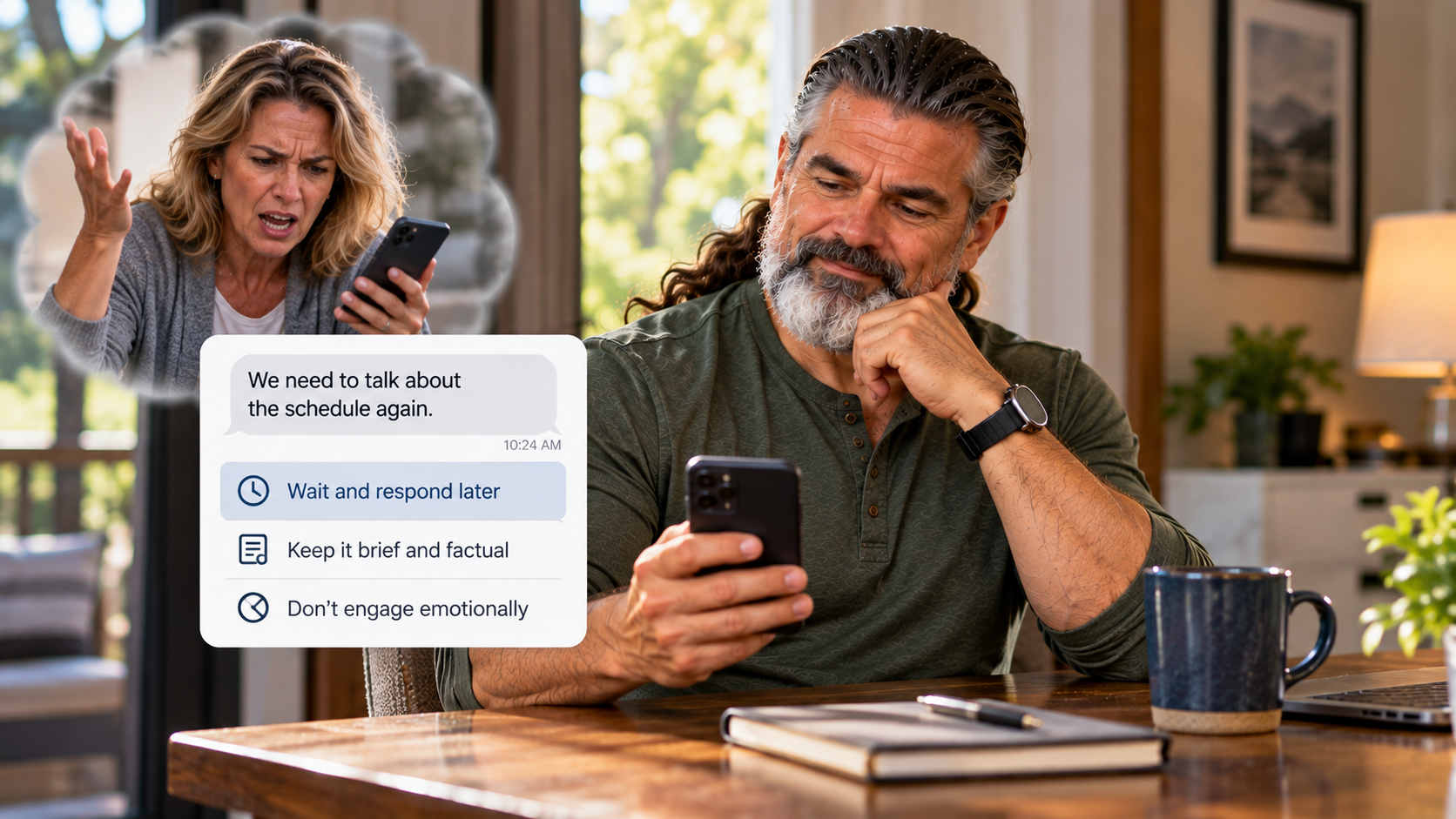Man setting calm boundaries when communicating with his former spouse