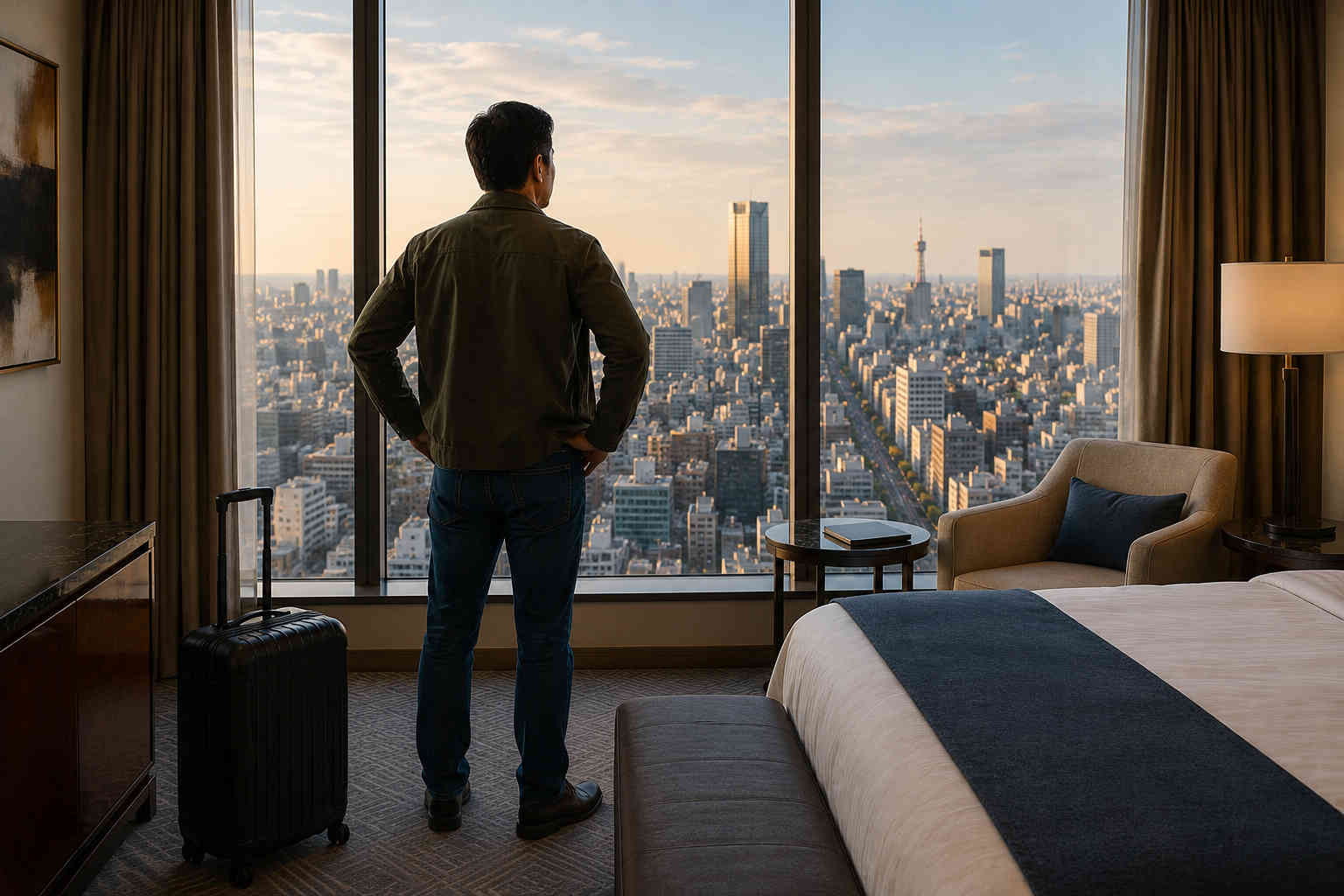 Solo male traveler standing with hands on his hips in an upscale high-floor hotel room overlooking a large city