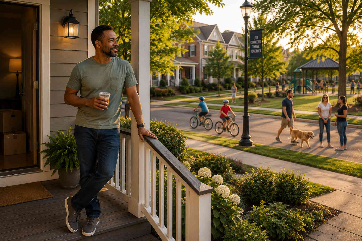Man relaxing on the porch of his new home while neighbors, children and families enjoy the community around him