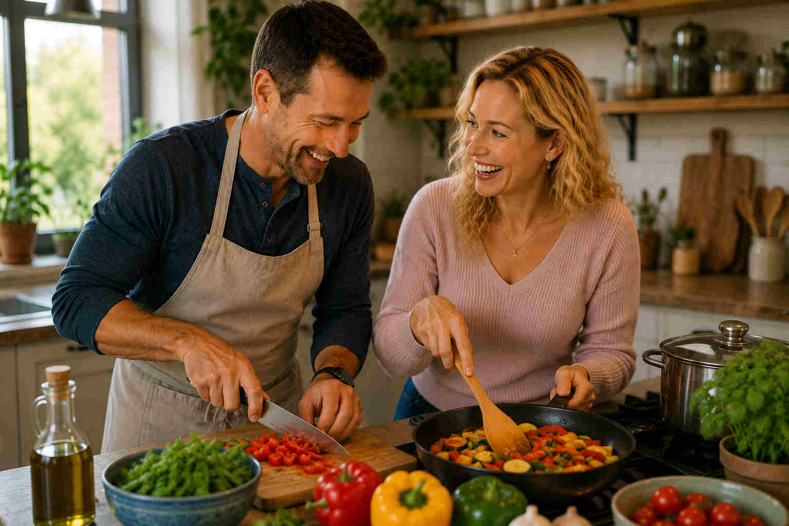Cross-cultural couple laughing and preparing a healthy meal together at home