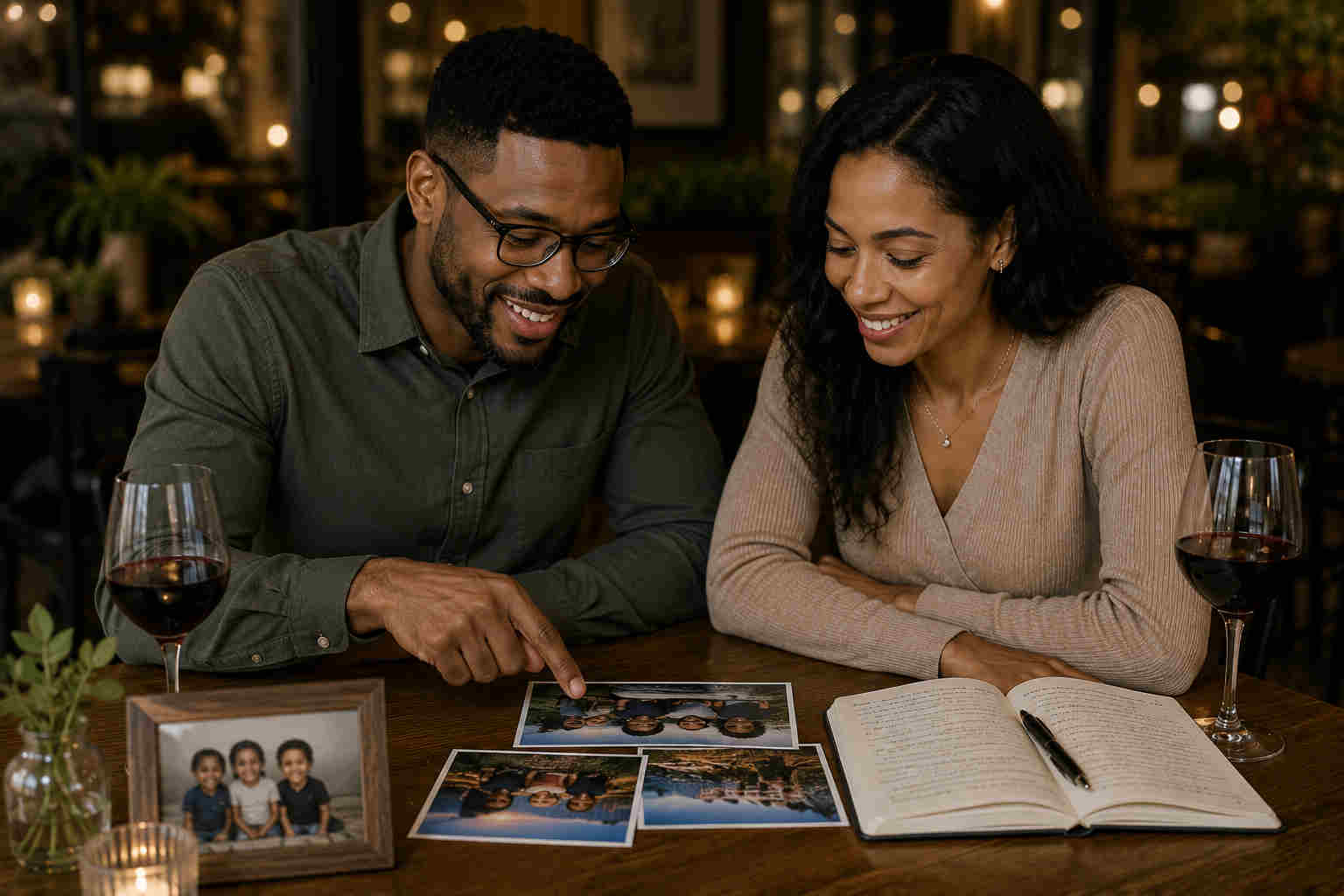 Black couple looking at family and travel photos during dinner while talking about life