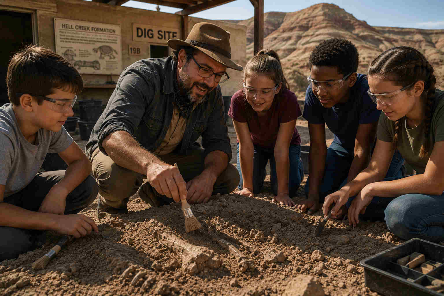 Paleontologist teaching middle-school students how to uncover fossils at a museum dig site