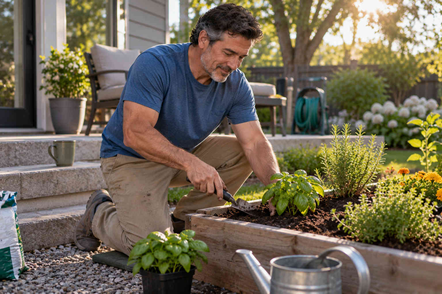 Man peacefully planting herbs in a backyard garden during an early morning after divorce
