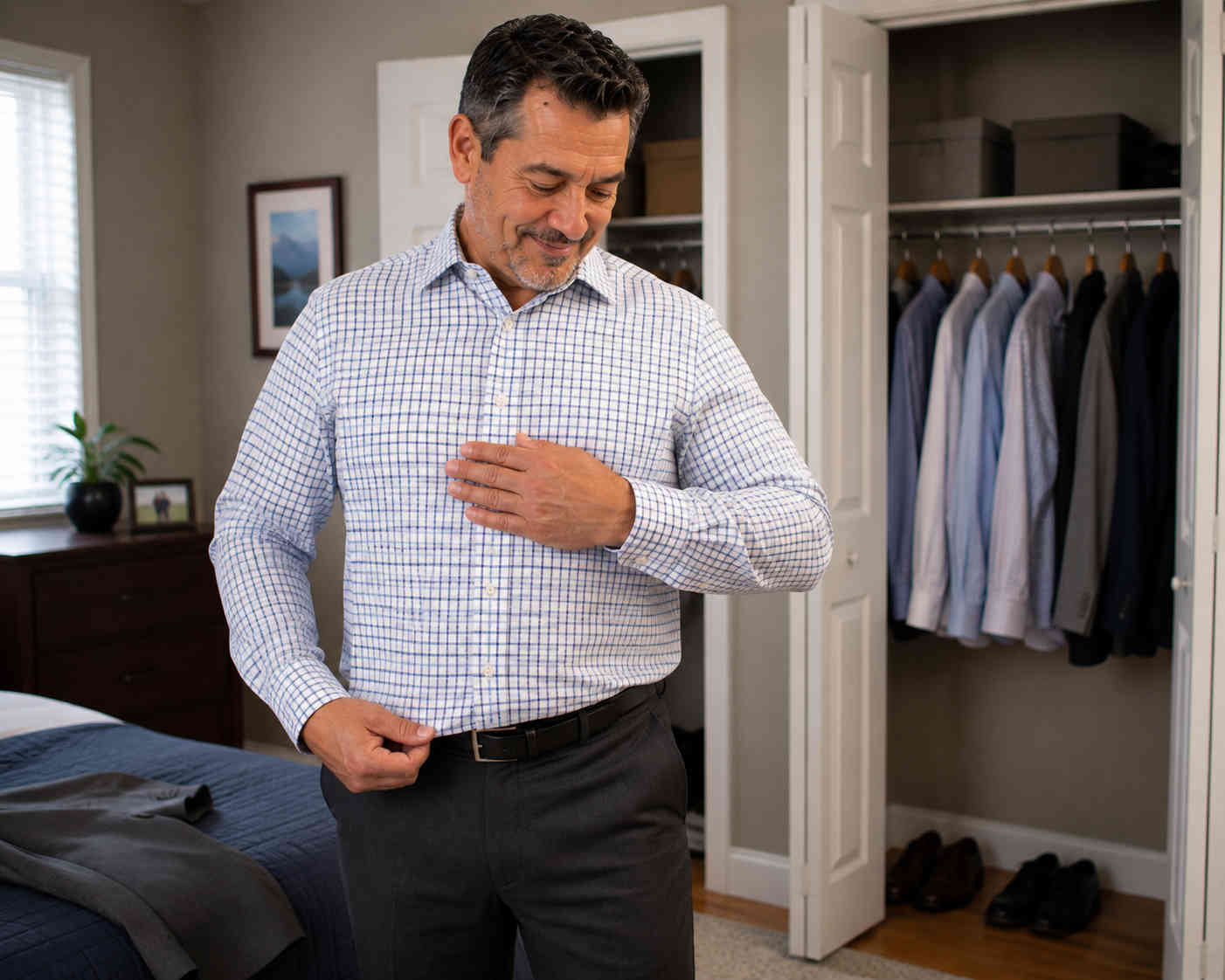 Middle-aged man smiling as a dress shirt fits more comfortably across his slimmer waist