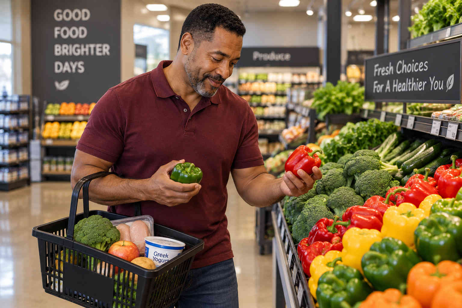 Man shopping for one after divorce with a small basket of healthy groceries in the produce section