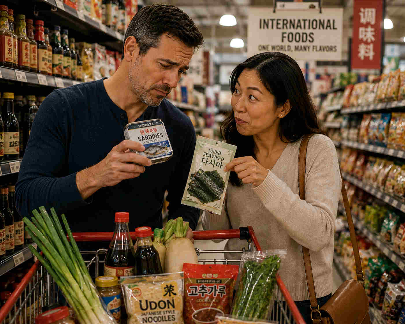 Couple laughing over unfamiliar ingredients while grocery shopping in an international market