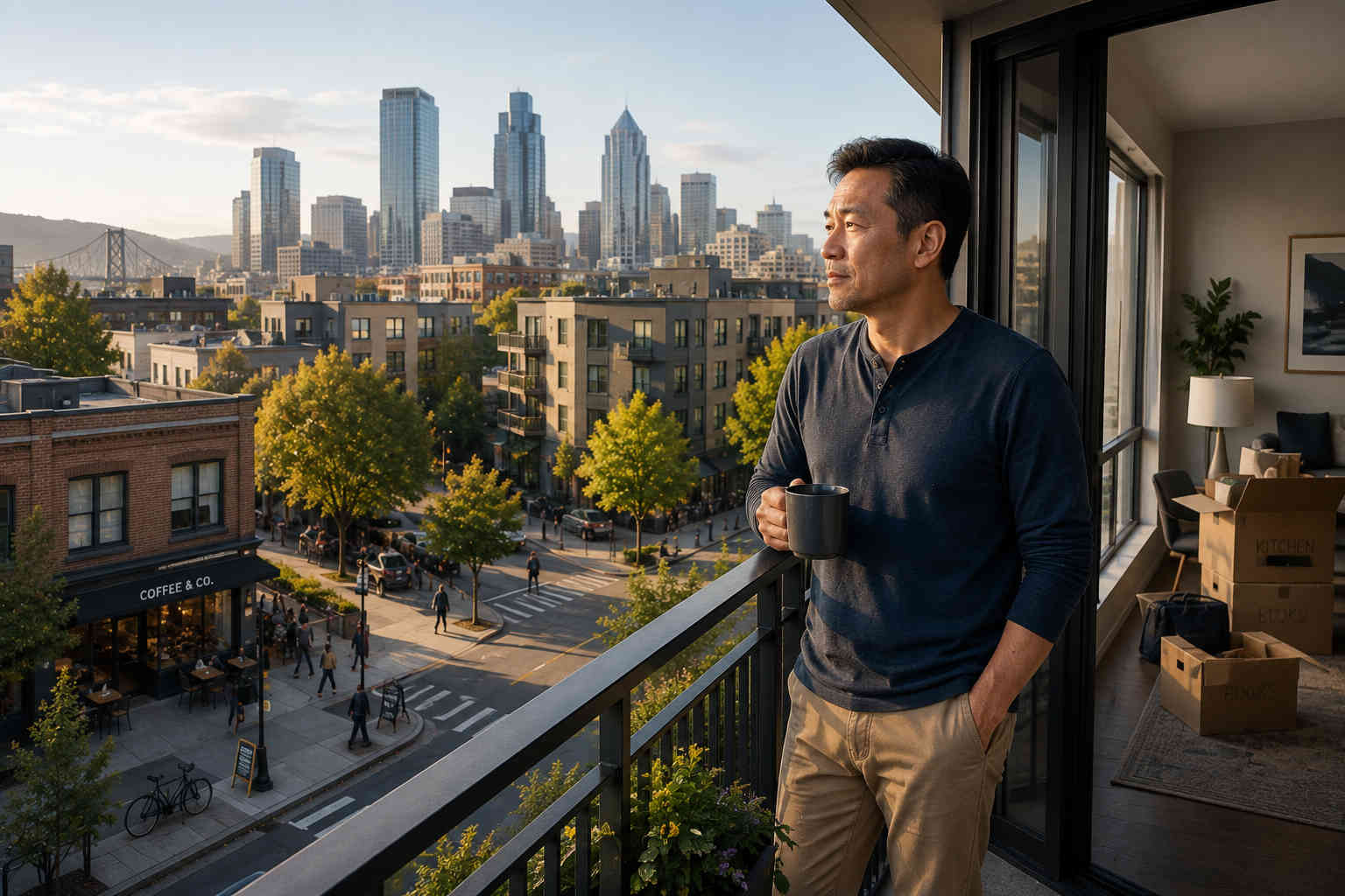 A man stands on an apartment balcony looking across an unfamiliar city while considering a fresh start after divorce