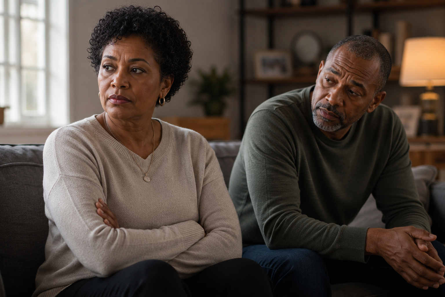 A middle-aged couple sitting apart on a sofa showing signs of emotional distance and relationship control