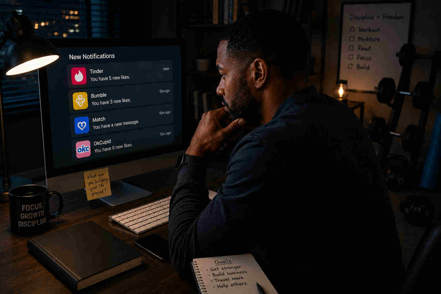 Divorced man late at night watching multiple dating app notifications instead of focusing on his goals