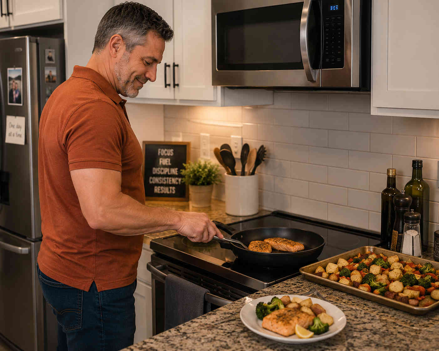 Man cooking a simple salmon, potato, and vegetable dinner as one of his reliable weight-loss meals