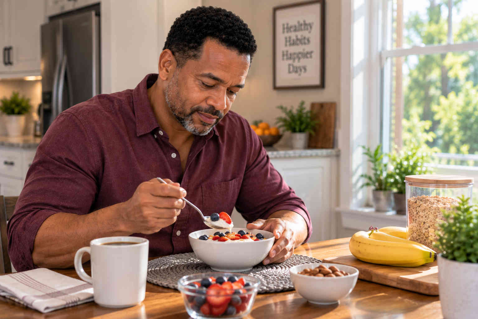 Man eating Greek yogurt with berries as part of a simple healthy breakfast routine for one