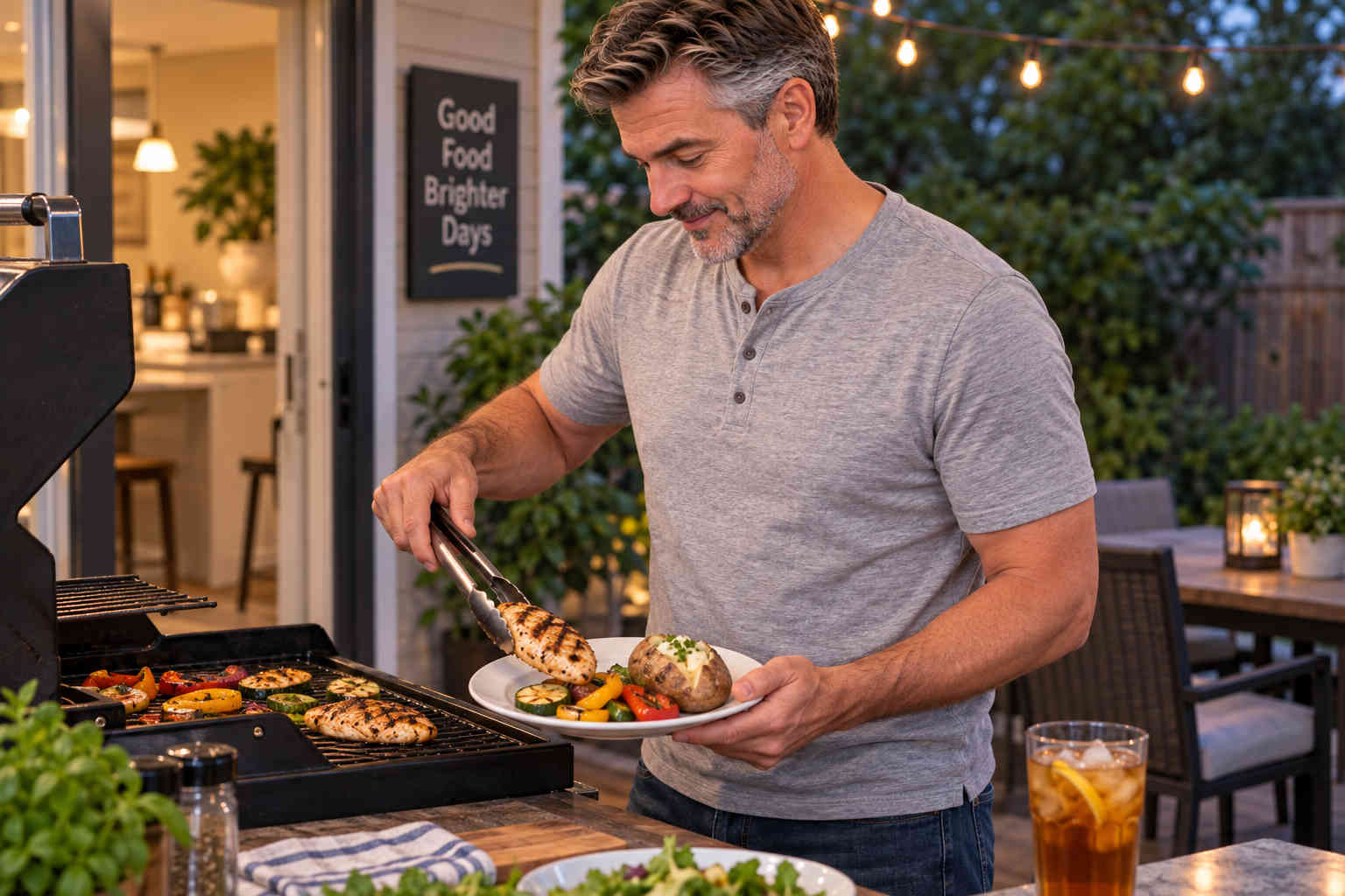 Man grilling a simple dinner of chicken, vegetables and a baked potato on his backyard patio