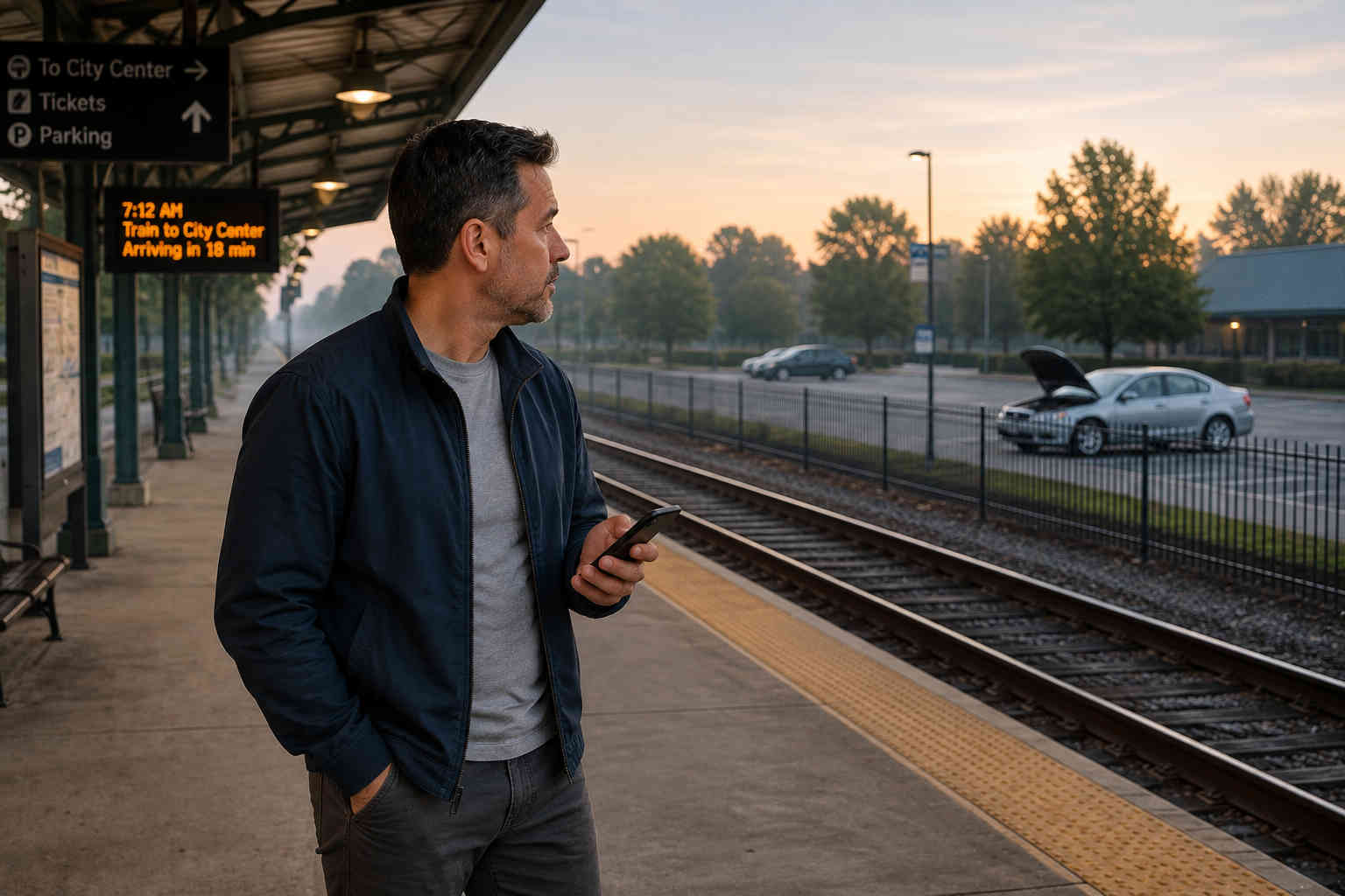 Man waiting at a train platform while his disabled car sits in the parking lot with its hood raised