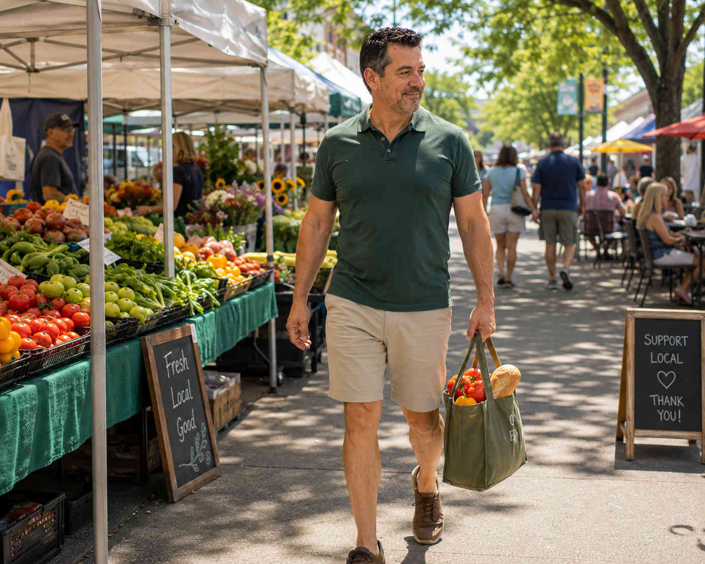Middle-aged man walking through an outdoor farmers market with a smaller waist and an ordinary bag of groceries