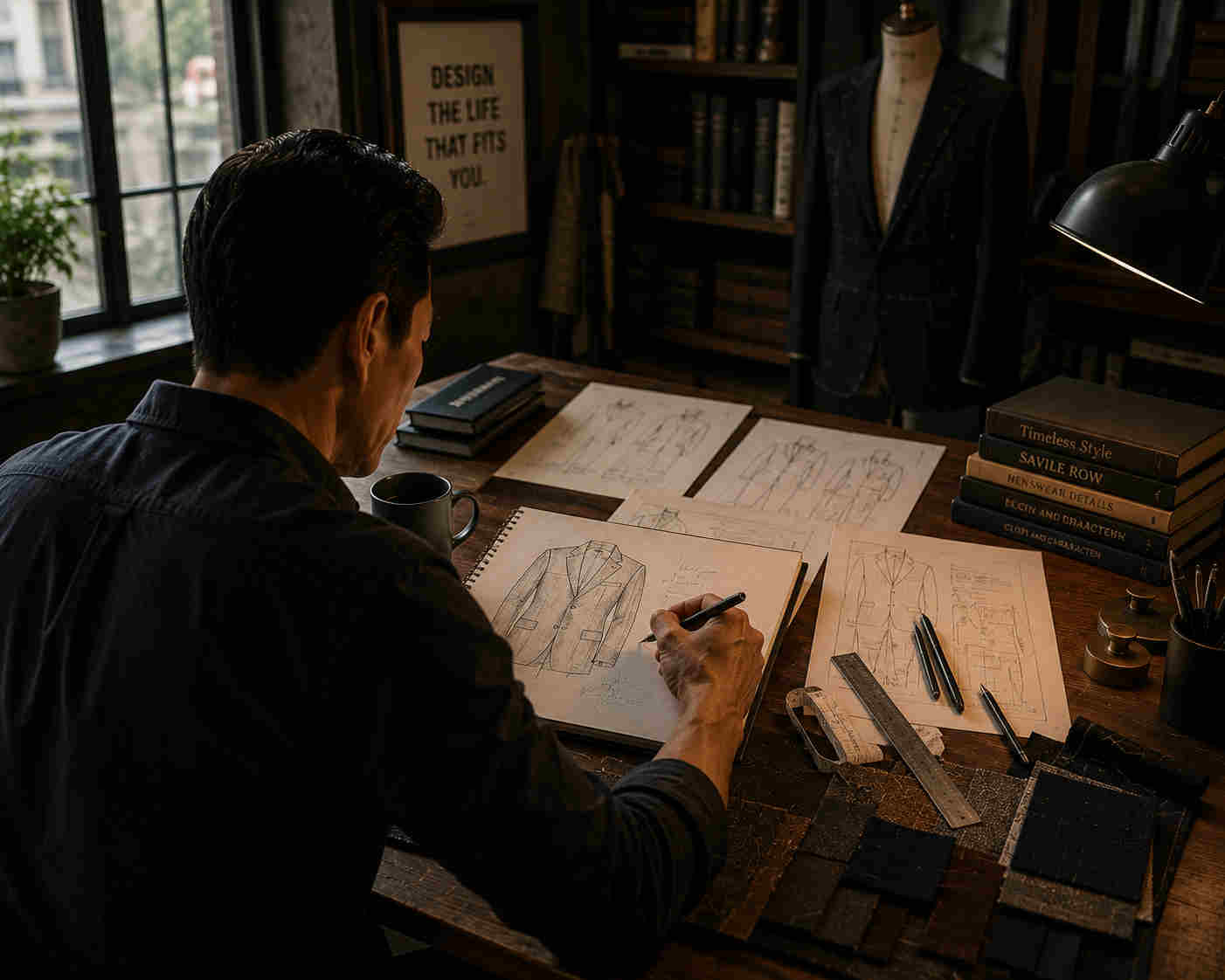 Over-the-shoulder view of a tailor sketching a new jacket design at a drafting table