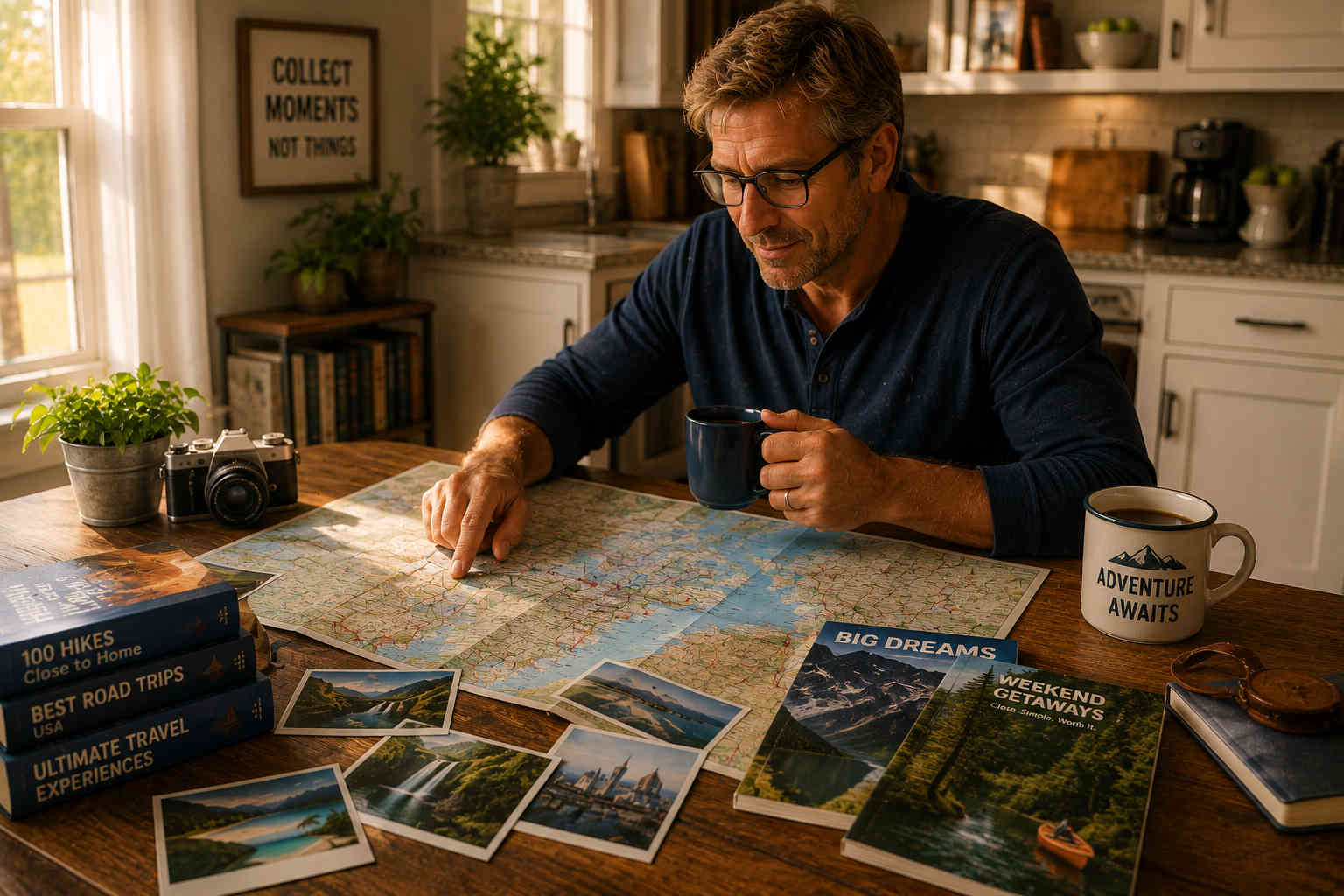 Man planning both nearby weekend road trips and larger travel dreams using maps, guidebooks, and destination photos