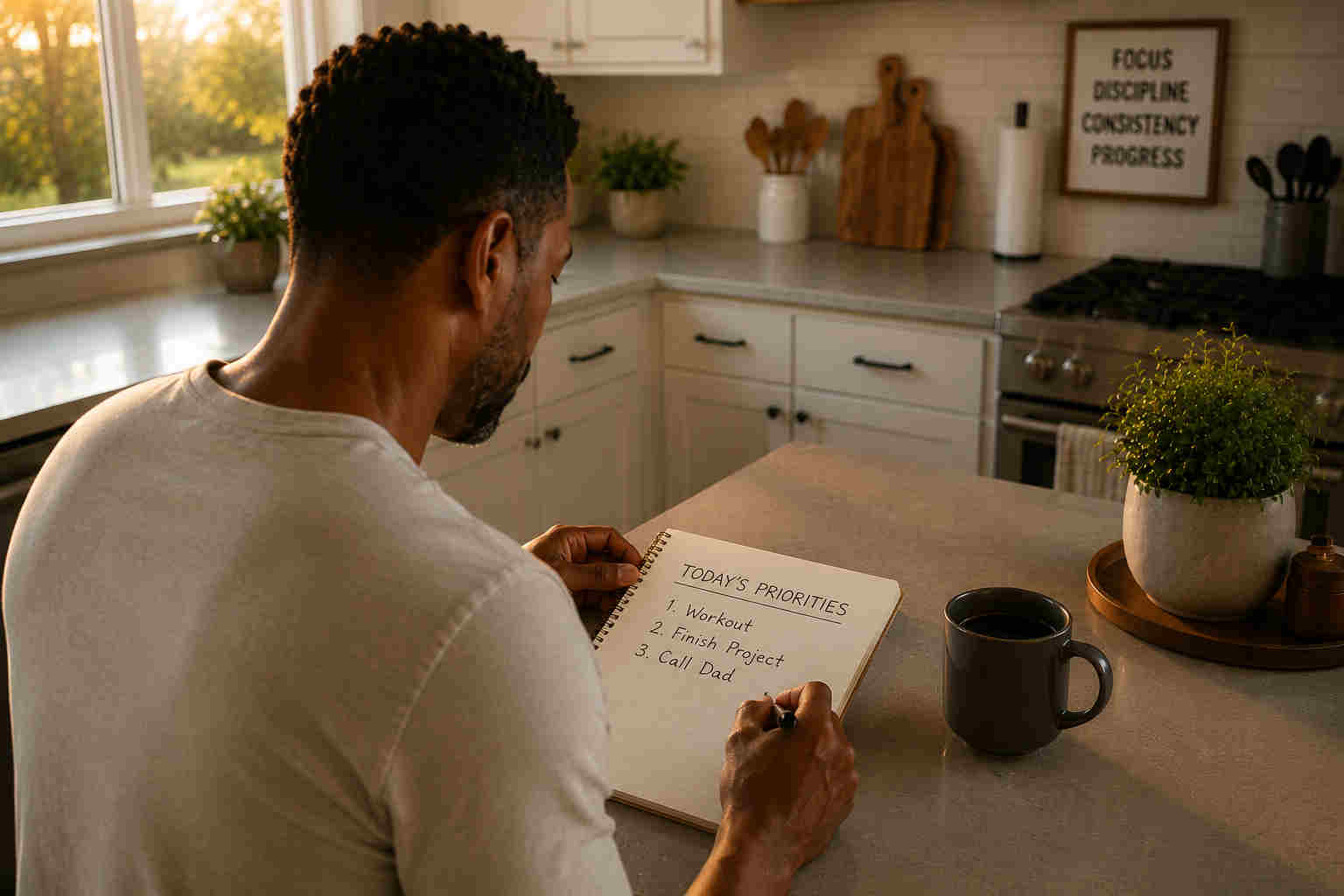 Over-the-shoulder view of a man writing three daily priorities in a notebook