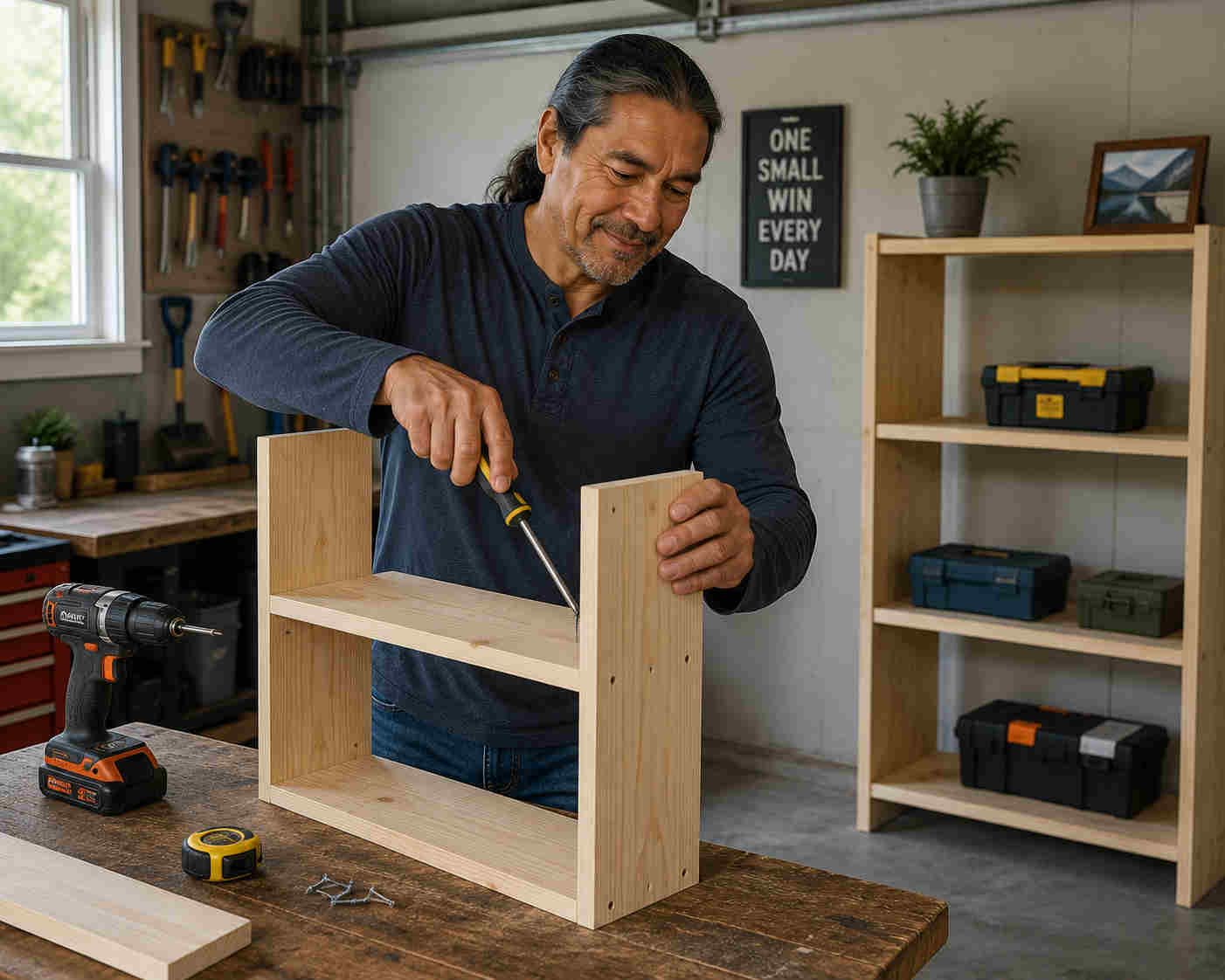 Divorced man smiling quietly while assembling simple wooden shelves in his garage workshop